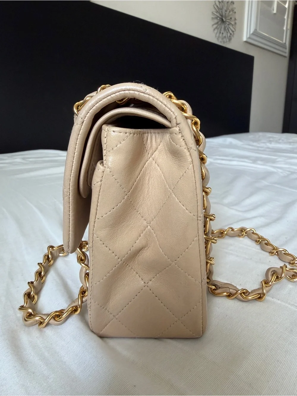 VIntage CHANEL Quilted Double Flap Shoulder Bag in Beige with Gold Hardware